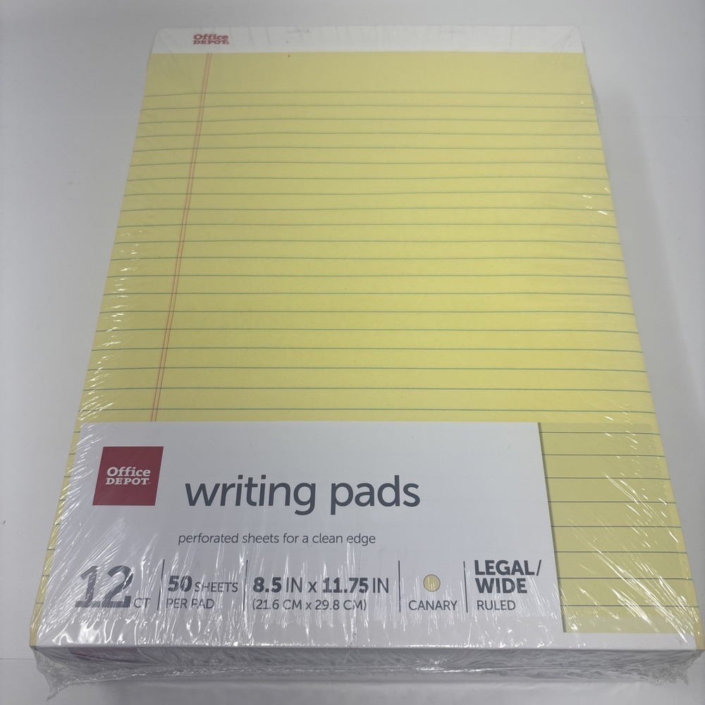 Office Depot Writing Pads Canary Yellow 8.5x11.75 Legal Wide Ruled 12 pk 305-706